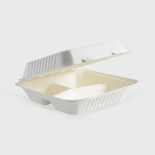 [GMH-25532] Σκεύος ζαχαροκάλαμο με ενσωματωμένο καπάκι, clamshell 230x230x80mm, 3 θέσεων, Λευκό