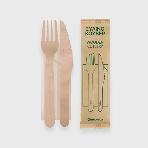 [GMH-25611] Ξύλινο κουβέρ, 16cm πιρούνι/μαχαίρι και χαρτοπετσέτα, 1/1 συσκευασμένο σε χαρτί